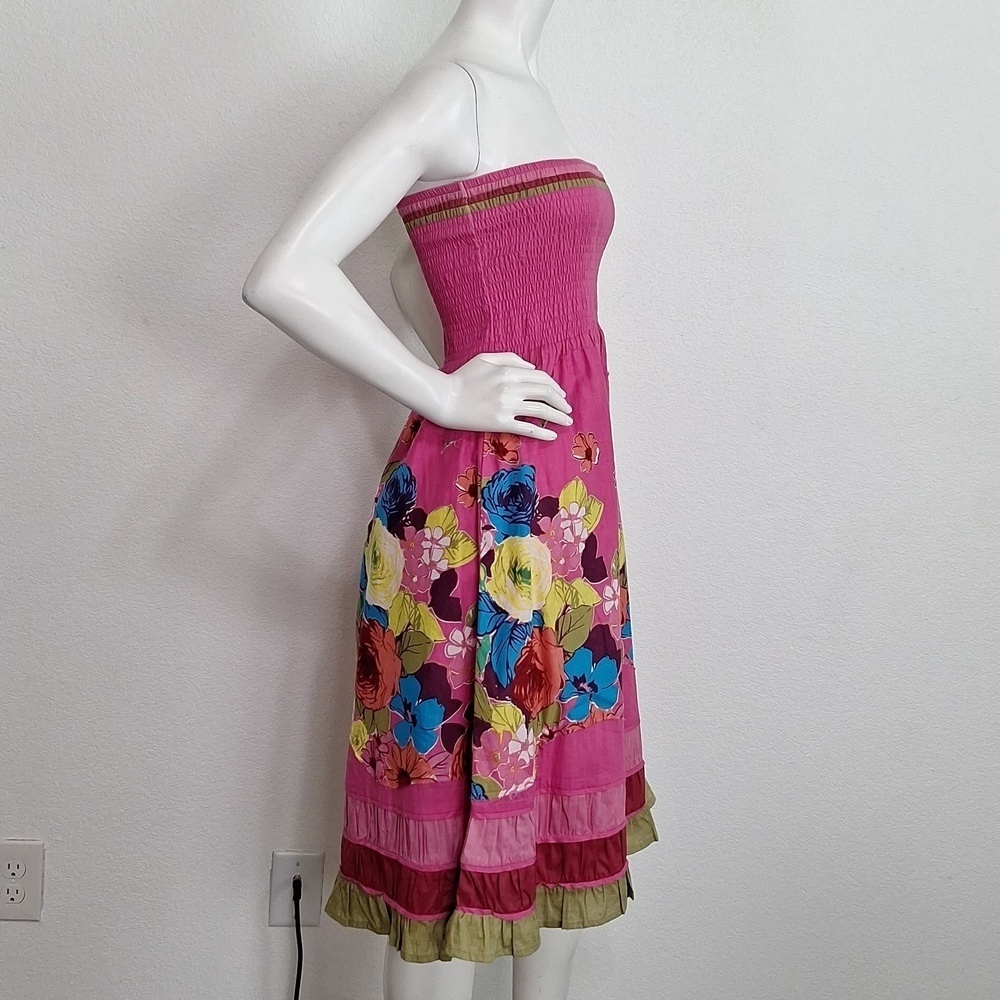 Sarina Strapless Bohemian Smocked Floral Ruffle Hem Boho Multicolor Dress Sz. XL - Picture 8 of 10